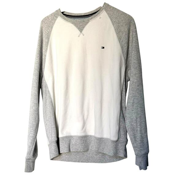 TOMMY HILFIGER‎ Men's Large White Gray Raglan Long Sleeves Pullover Sweatshirt - Picture 1 of 8